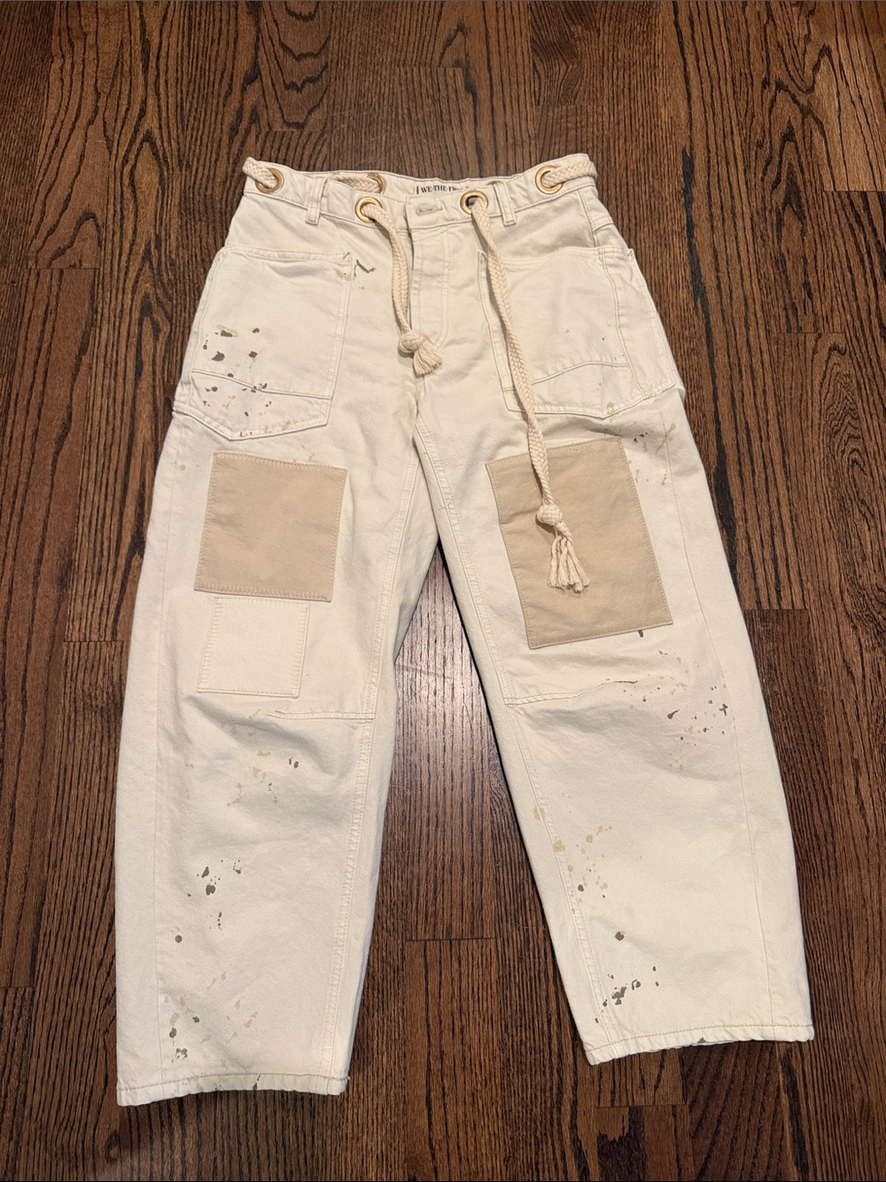 Free People Cream Boyfriend Painter Jeans with Tan Patch Details